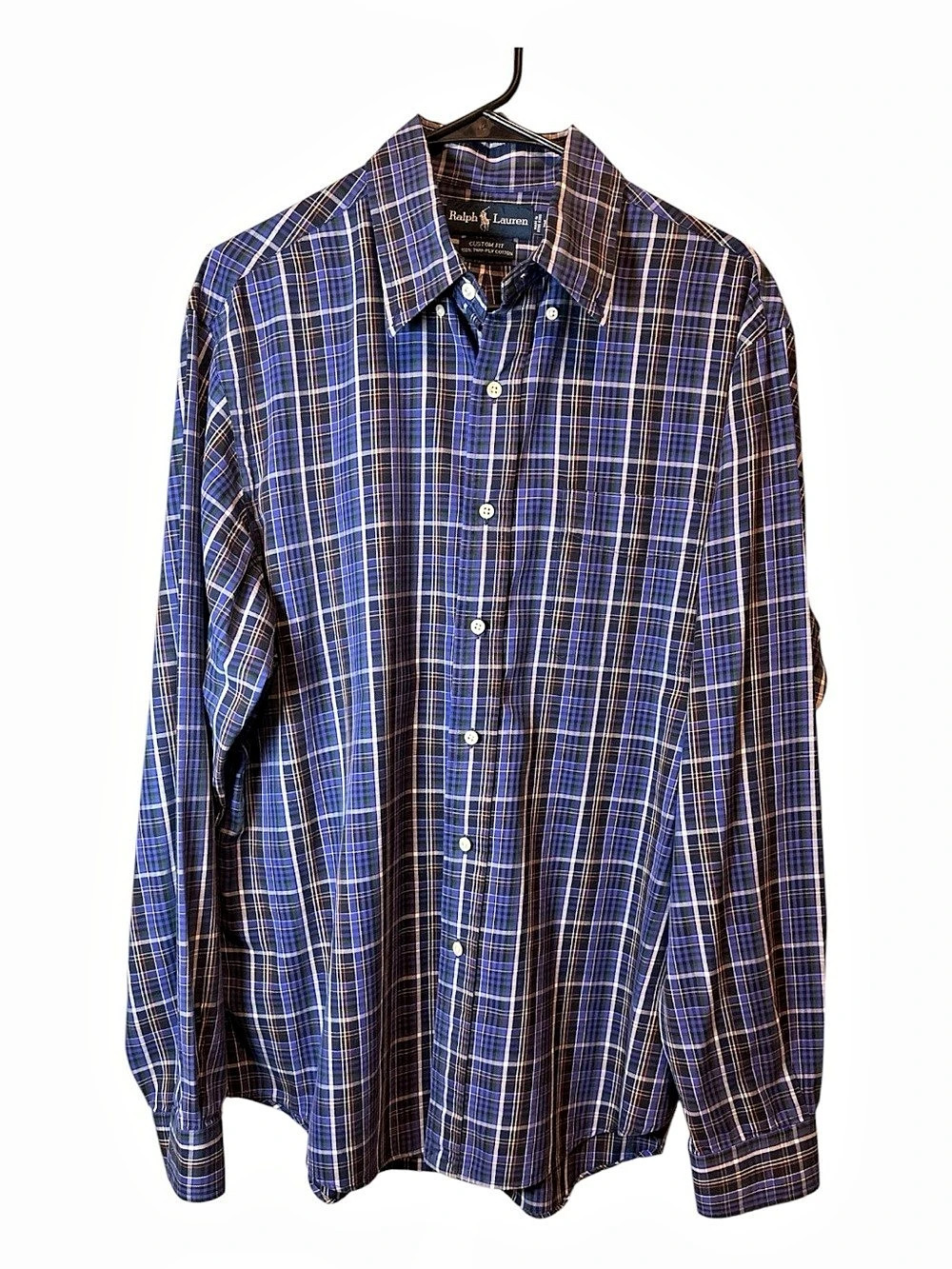 Ralph Lauren Men’s Custom Fit Plaid Button Down Shirt 100% Two Ply Cotton L